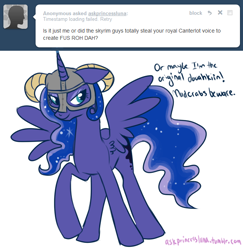 Size: 642x660 | Tagged: safe, artist:lulubell, princess luna, alicorn, pony, ask, askprincessluna, crossover, dovahkiin, helmet, simple background, skyrim, solo, the elder scrolls, tumblr, white background