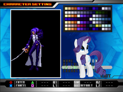 Size: 641x482 | Tagged: safe, artist:fallen nightingale, color edit, rarity, pony, unicorn, crossover, female, foxy (king of fighters), king of fighters, mare, sword, weapon