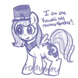 Size: 250x250 | Tagged: safe, artist:lulubell, princess luna, alicorn, pony, ask, askprincessluna, cute, filly, hat, monochrome, simple background, solo, top hat, tumblr, vulgar, white background, woona