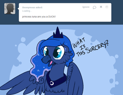 Size: 718x555 | Tagged: safe, artist:lulubell, princess luna, duck, ask, askprincessluna, frown, open mouth, solo, species swap, spread wings, surprised, tumblr