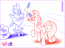 Size: 1427x1070 | Tagged: safe, artist:jcosneverexisted, rarity, spike, dragon, pony, unicorn, female, hearts and hooves day, magic, male, pun, shipping, sparity, spikelove, straight, telekinesis, valentine, valentine's day, visual pun