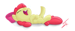 Size: 953x400 | Tagged: safe, artist:sameasusual, apple bloom, earth pony, pony, adorabloom, bow, cute, female, filly, hair bow, laughing, on back, solo