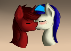 Size: 1077x769 | Tagged: safe, artist:marsminer, oc, oc only, oc:goldeneye refuge, oc:moonfire, blushing, commission, kissing, love