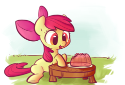 Size: 688x464 | Tagged: dead source, safe, artist:php27, artist:rustydooks, apple bloom, earth pony, pony, female, filly, jello, sitting, solo, table