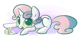 Size: 697x322 | Tagged: dead source, safe, artist:php27, artist:rustydooks, sweetie belle, pony, unicorn, female, filly, messy eating, prone, pudding, solo, tongue out