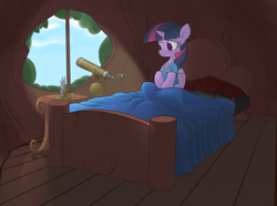 Size: 1280x950 | Tagged: safe, artist:yoditax, twilight sparkle, twilight sparkle (alicorn), alicorn, pony, bed, bedroom, candle, clothes, female, golden oaks library, mare, morning, pajamas, shirt, solo, telescope, window
