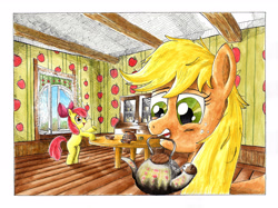 Size: 4674x3498 | Tagged: safe, artist:mcstalins, apple bloom, applejack, earth pony, pony, apple sisters, duo, female, filly, foal, mare, morning ponies, mouth hold, siblings, sisters, table, teapot, traditional art