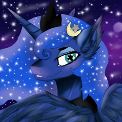 Size: 1280x1280 | Tagged: safe, artist:brainiac, princess luna, alicorn, pony, blushing, bust, crescent moon, cute, ear fluff, fluffy, grin, hairclip, heart eyes, lidded eyes, looking at you, looking back, moon, open mouth, portrait, smiling, solo, sparkles, starry eyes, stars, wing fluff, wingding eyes