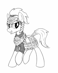 Size: 914x1145 | Tagged: safe, artist:anearbyanimal, earth pony, pony, armor, crossover, epona, female, mare, monochrome, ponified, the legend of zelda, triforce, wip