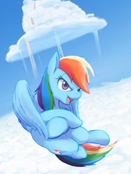 Size: 1280x1696 | Tagged: safe, artist:masak9, derpibooru import, rainbow dash, pegasus, pony, badass, cloud, cloudsdale, cloudy, cool, crossed hooves, female, flying, mare, rainbow, rainbow waterfall, sky, solo, spread wings, wings