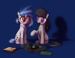 Size: 1488x1148 | Tagged: safe, artist:valcron, derpibooru import, dj pon-3, octavia melody, vinyl scratch, earth pony, pony, unicorn, colored pupils, cute, dark blue background, duo, female, glasses, headphones, looking at each other, mare, record, record player, red eyes, simple background, sitting, tavibetes, turntable, vinylbetes, wrong eye color