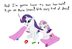 Size: 900x617 | Tagged: dead source, safe, artist:scootscoots, rarity, sweetie belle, pony, unicorn, baby, baby belle, baby pony, chewing, dialogue, eating, filly, foal, mane chewing, nom, simple background, transparent background, younger