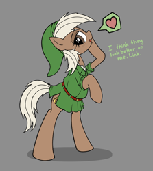 Size: 1390x1560 | Tagged: safe, artist:anearbyanimal, earth pony, pony, bipedal, clothes, epona, female, heart, mare, ponified, simple background, solo, the legend of zelda, tunic