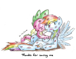 Size: 1024x798 | Tagged: safe, artist:jcosneverexisted, rainbow dash, spike, dragon, pegasus, pony, backwards cutie mark, blushing, drawing, eyes closed, female, kissing, male, rainbowspike, shipping, straight