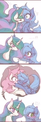 Size: 1000x2930 | Tagged: safe, artist:kolshica, derpibooru import, princess celestia, princess luna, alicorn, pony, blushing, comic, eye contact, female, incest, kissing, lesbian, looking at each other, mare, memory, pink-mane celestia, princest, royal sisters, shipping, siblings, simple background, sisters, surprise kiss, surprised, white background, younger