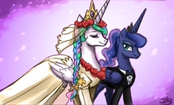 Size: 795x480 | Tagged: safe, artist:bboifatz, artist:johnjoseco, derpibooru import, princess celestia, princess luna, alicorn, pony, alternate hairstyle, bedroom eyes, braid, bride, clothes, dress, eyes closed, female, gown, incest, lesbian, mare, princest, royal sisters, shipping, siblings, sisters, smiling, tuxedo, wedding, wedding dress