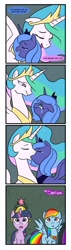 Size: 546x1920 | Tagged: safe, artist:mr-samson, derpibooru import, princess celestia, princess luna, rainbow dash, twilight sparkle, unicorn twilight, alicorn, pegasus, pony, unicorn, friendship is magic, big crown thingy, blushing, comic, crying, element of loyalty, eye contact, eyes closed, female, incest, kissing, lesbian, looking at each other, mare, open mouth, princest, s1 luna, scene parody, shipping, shocked, smiling, spread wings, tears of joy, wingboner