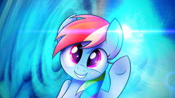 Size: 3840x2160 | Tagged: safe, artist:heavymetalbronyyeah, artist:zapplebow, rainbow dash, pegasus, pony, female, lens flare, looking at you, mare, smiling, solo, vector, wallpaper, waving