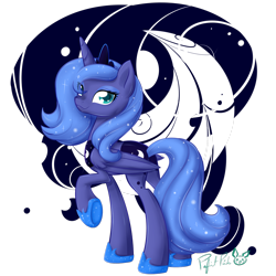 Size: 1600x1600 | Tagged: safe, artist:piichu-pi, derpibooru import, princess luna, alicorn, pony, :3, eye clipping through hair, female, looking at you, looking back, looking back at you, mare, one hoof raised, raised hoof, s1 luna, smiling, solo