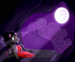 Size: 3000x2500 | Tagged: safe, artist:thepurpah, derpibooru import, king sombra, unicorn, blanket, cave, cloud, colt, colt sombra, implied lumbra, male, mare in the moon, moon, night, solo, younger
