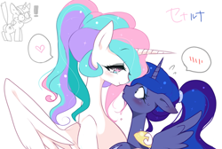 Size: 768x517 | Tagged: safe, artist:oniku, derpibooru import, princess celestia, princess luna, twilight sparkle, alicorn, pony, alternate hairstyle, bedroom eyes, blushing, eye contact, female, floppy ears, heart, incest, lesbian, mare, pixiv, ponytail, princest, royal sisters, shipping, siblings, simple background, sisters, smiling, spread wings, surprised, sweat, tailboner, white background, wide eyes