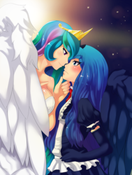 Size: 1306x1732 | Tagged: safe, artist:freedomthai, derpibooru import, princess celestia, princess luna, human, bedroom eyes, blushing, chin up, clothes, dress, evening gloves, eye contact, female, frown, glare, humanized, incest, lesbian, looking at each other, princest, s1 luna, shipping, smiling, winged humanization