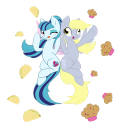 Size: 1280x1347 | Tagged: safe, artist:piichu-pi, derpibooru import, derpy hooves, sonata dusk, earth pony, pegasus, pony, equestria girls, cute, female, food, mare, muffin, one eye closed, ponified, simple background, sonataco, taco, tongue out, transparent background, wink