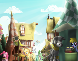 Size: 3000x2362 | Tagged: safe, artist:stinkehund, apple bumpkin, applejack, bon bon, derpy hooves, lyra heartstrings, pinkie pie, rainbow dash, sweetie drops, zecora, earth pony, pegasus, pony, unicorn, zebra, apple family member, apron, berry dreams, book, clothes, female, food, high res, mare, pie, ponyville, scenery