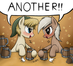 Size: 1260x1130 | Tagged: safe, artist:anearbyanimal, earth pony, pony, blaze (coat marking), blushing, cider, dialogue, drinking contest, drunk, epona, eye contact, female, hat, hilarious in hindsight, link, looking at each other, male, mare, motion lines, mug, open mouth, ponified, smiling, stallion, tankard, the legend of zelda