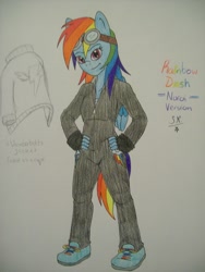 Size: 768x1024 | Tagged: safe, artist:sangee-13-neuroy, derpibooru import, rainbow dash, anthro, pegasus, bodysuit, breasts, cutie mark on clothes, delicious flat chest, female, goggles, solo, tomboy, traditional art, wonderbolt trainee uniform