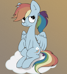 Size: 1600x1784 | Tagged: safe, artist:coinpo, artist:yoditax, rainbow dash, pegasus, pony, alternate hairstyle, backwards cutie mark, cloud, filter, looking up, old photo, on a cloud, ponytail, raised hoof, sitting, smiling, solo, spread wings