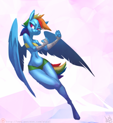 Size: 1099x1200 | Tagged: safe, artist:atryl, derpibooru import, rainbow dash, anthro, unguligrade anthro, arm wraps, athletic tape, bandeau, belly button, breasts, clothes, delicious flat chest, female, hand wraps, midriff, rainbow flat, shorts, smiling, solo, taped fists