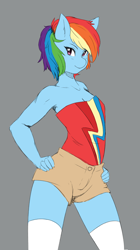 Size: 1280x2287 | Tagged: safe, artist:onion-hime, derpibooru import, rainbow dash, anthro, breasts, clothes, delicious flat chest, female, rainbow flat, shorts, socks, solo, thigh highs, zettai ryouiki