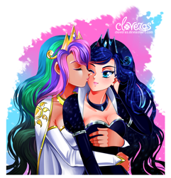 Size: 800x829 | Tagged: safe, artist:cloveras, derpibooru import, princess celestia, princess luna, human, blushing, breast fondling, breast grab, breasts, cleavage, clothes, dress, eyes closed, female, grope, hug, hug from behind, humanized, incest, kiss on the cheek, kissing, lesbian, princess balloona, princess breastia, princest, royal sisters, shipping, smiling, wink