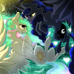 Size: 1024x1024 | Tagged: safe, artist:96paperkuts, derpibooru import, princess celestia, princess luna, alicorn, pony, :p, bedroom eyes, blushing, cave, chest fluff, eye contact, female, flower, fluffy, flying, incest, lesbian, looking at each other, mare, missing accessory, morning, on back, open mouth, pond, princest, royal sisters, shipping, sisters, smiling, smiling at each other, spread wings, tongue out, underhoof