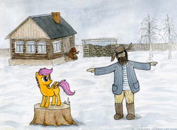 Size: 640x472 | Tagged: safe, artist:el-yeguero, scootaloo, bear, human, pegasus, pony, balalaika, beard, female, filly, flying lesson, hat, house, scootaloo can't fly, tree stump, ushanka