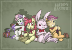 Size: 3860x2701 | Tagged: safe, artist:jcosneverexisted, apple bloom, scootaloo, sweetie belle, cutie mark crusaders, easter bunny, egg