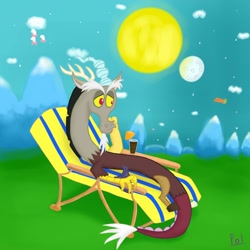 Size: 2000x2000 | Tagged: dead source, safe, artist:polkin, discord, cloud, deck chair, high res, moon, mountain, on back, solo, sun