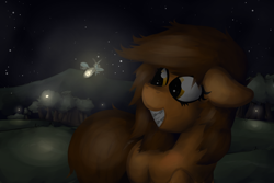 Size: 1280x853 | Tagged: safe, artist:marsminer, oc, oc only, oc:venus spring, firefly (insect), pony, unicorn, braces, cute, eyes on the prize, female, floppy ears, grin, happy, mare, night, night sky, sky, smiling, solo, squee, stars, teeth, tree