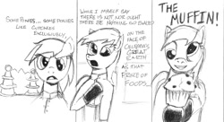 Size: 1099x596 | Tagged: safe, artist:wafflecannon, derpy hooves, pegasus, pony, clothes, comic, female, food, frank zappa, mare, monochrome, muffin, solo, tesla coil