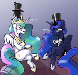 Size: 2500x2414 | Tagged: safe, artist:dimfann, princess celestia, princess luna, alicorn, pony, classy, duo, female, hat, hatception, like a sir, mare, monocle, monocle and top hat, quite, royal sisters, siblings, sillestia, silly, silly pony, sisters, tea, top hat, towering pillar of hats