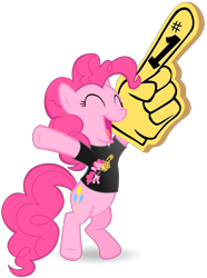 Size: 2969x4000 | Tagged: safe, artist:stinkehund, pinkie pie, earth pony, pony, bipedal, clothes, eyes closed, female, foam finger, mare, shirt, simple background, solo, t-shirt