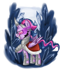 Size: 675x771 | Tagged: safe, artist:vago-xd, derpibooru import, part of a set, king sombra, twilight sparkle, twilight sparkle (alicorn), alicorn, pony, unicorn, bevor, black crystals, boots, cape, chestplate, clothes, costume, crown, crystal, dark crystal, gorget, horn armor, horn cone, horseshoes, jewelry, nightmare night, nightmare night costume, regalia, robe, shoes, simple background, solo, sombra eyes, sombra's cape, tiara, white background