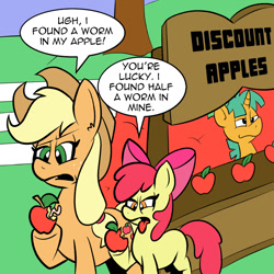 Size: 800x800 | Tagged: safe, artist:pembroke, derpibooru import, apple bloom, applejack, snails, earth pony, pony, unicorn, worm, apple, apple sisters, ask, ask pun, colt, disgusted, female, filly, foal, food, male, mare, siblings, sisters, speech bubble, tongue out