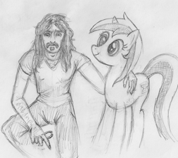 Size: 715x636 | Tagged: safe, artist:wafflecannon, minuette, human, pony, unicorn, duo, female, frank zappa, male, mare, monochrome, traditional art