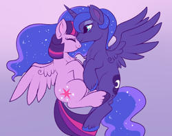 Size: 900x714 | Tagged: safe, artist:lulubell, derpibooru import, princess luna, twilight sparkle, twilight sparkle (alicorn), alicorn, pony, female, lesbian, shipping, spread wings, twiluna