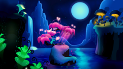 Size: 1920x1080 | Tagged: safe, derpibooru import, screencap, princess luna, alicorn, pony, do princesses dream of magic sheep, cute, dream, dreamscape, eyes closed, female, flower, giant flower, giant mushroom, glowing flower, glowing mushroom, happy, luna's dream, mare, moon, mushroom, night, pond, prone, scenery, scenery porn, sleeping, smiling, solo, surreal, waterfall
