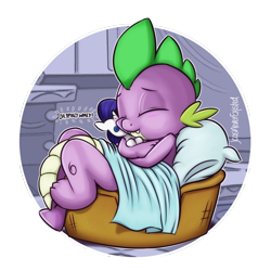 Size: 1300x1300 | Tagged: safe, artist:jcosneverexisted, rarity, spike, dragon, pony, unicorn, baby, baby dragon, basket, blanket, cuddling, cute, eyes closed, fangs, male, pillow, plushie, rarity plushie, sparilush, spikabetes