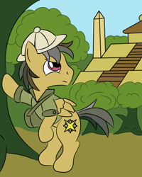 Size: 1600x2000 | Tagged: safe, artist:wolferahm, daring do, dashing do, pegasus, pony, bipedal, clothes, fortress of talacon, hat, jungle, male, rule 63, solo, stallion, tree