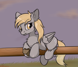 Size: 1171x1008 | Tagged: safe, artist:orang111, derpibooru import, derpy hooves, pegasus, pony, balancing, cheek fluff, chest fluff, cute, derp, derpabetes, ear fluff, eating, female, fence, fluffy, food, frown, hoof hold, leg fluff, log, mare, muffin, perch, perching, prone, scrunchy face, signature, solo